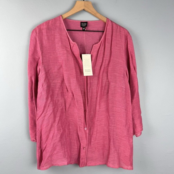 NWT Eileen Fisher Womens 1X Linen Silk Pink Button Up Roundneck 3/4 Sleeve Shirt - Picture 1 of 4